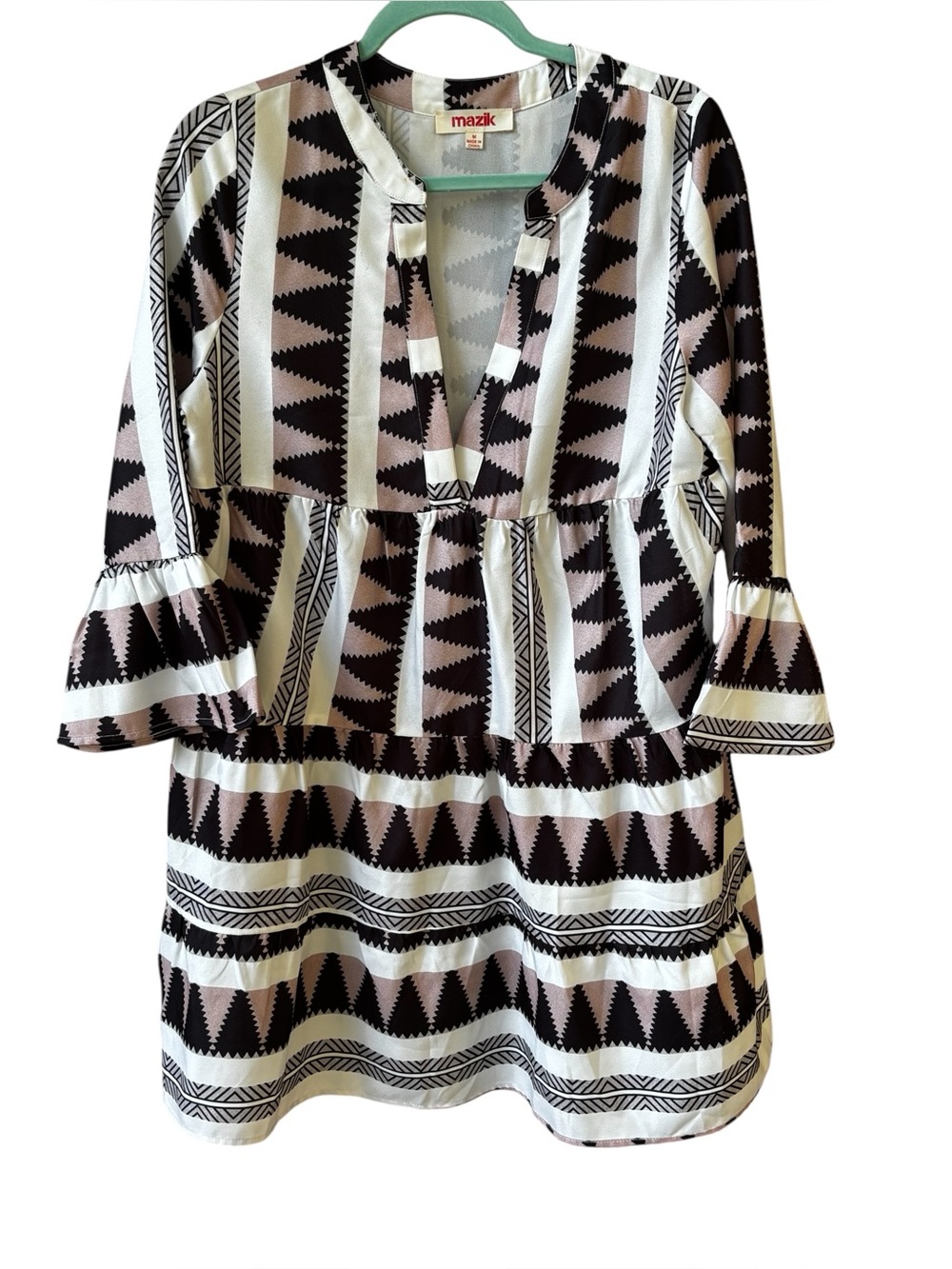Mazik Womens Sz M Southwestern Aztec Print Short Sleeve Tunic Dress Boho Western